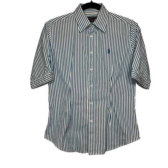 Ralph Lauren Sport Women 8 Blue Stripe Short Sleeve Top Button Front Top Classic - Picture 1 of 11